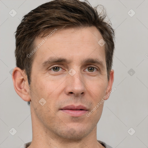 Neutral white adult male with short  brown hair and brown eyes