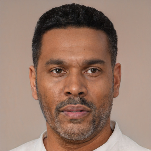 Neutral latino adult male with short  black hair and brown eyes