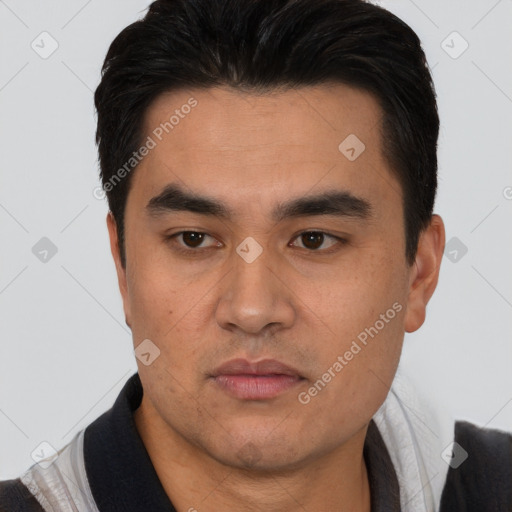 Neutral asian young-adult male with short  brown hair and brown eyes