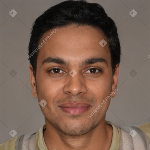 Joyful latino young-adult male with short  black hair and brown eyes