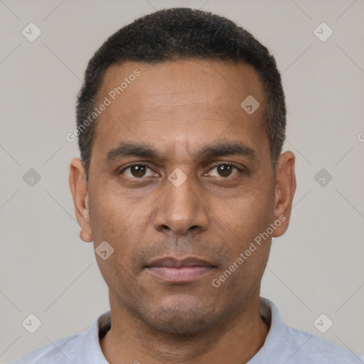 Neutral black adult male with short  black hair and brown eyes
