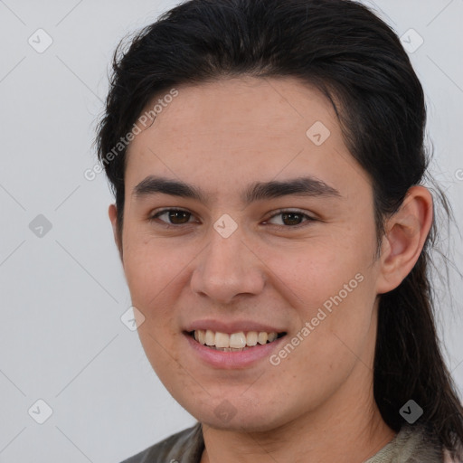 Joyful white young-adult male with medium  brown hair and brown eyes