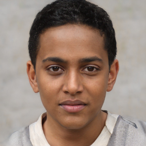 Neutral black young-adult male with short  brown hair and brown eyes