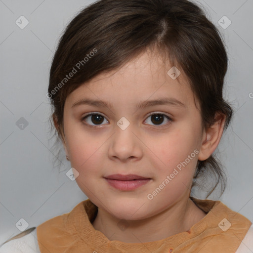 Joyful white child female with medium  brown hair and brown eyes