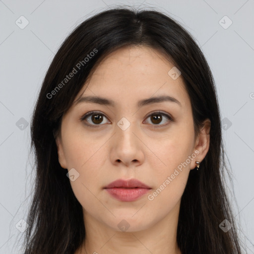 Neutral asian young-adult female with long  brown hair and brown eyes