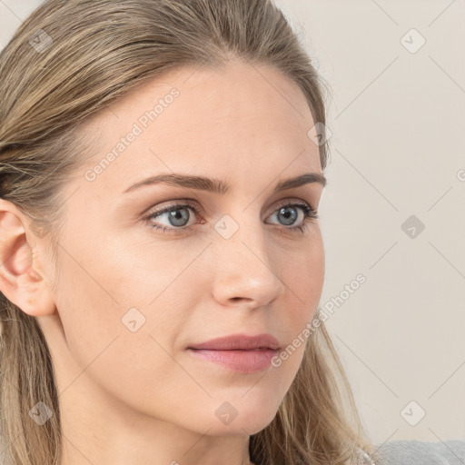 Neutral white young-adult female with long  brown hair and grey eyes