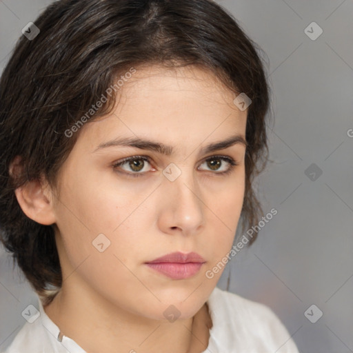 Neutral white young-adult female with medium  brown hair and brown eyes