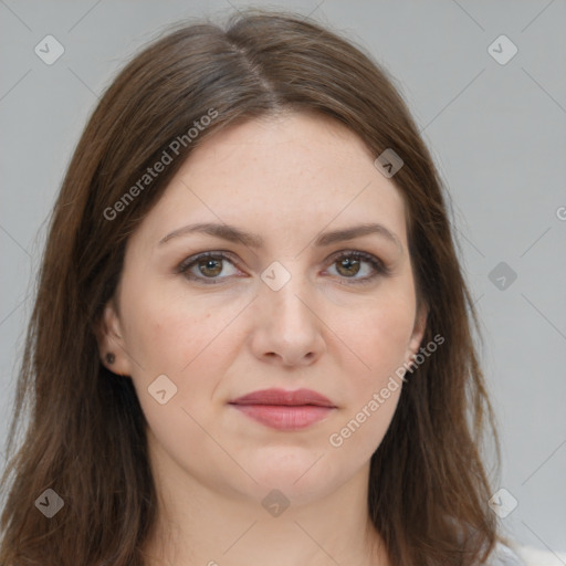 Joyful white young-adult female with long  brown hair and grey eyes