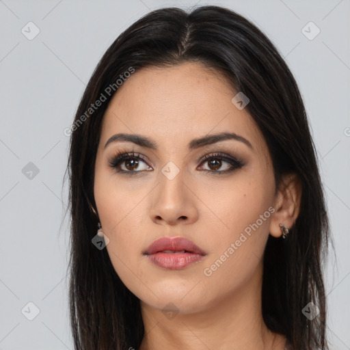 Neutral asian young-adult female with long  brown hair and brown eyes