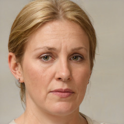 Joyful white adult female with medium  brown hair and blue eyes