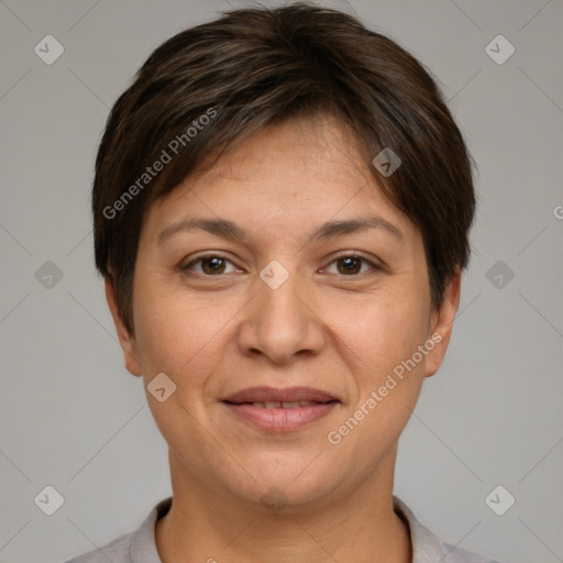 Joyful white adult female with short  brown hair and brown eyes