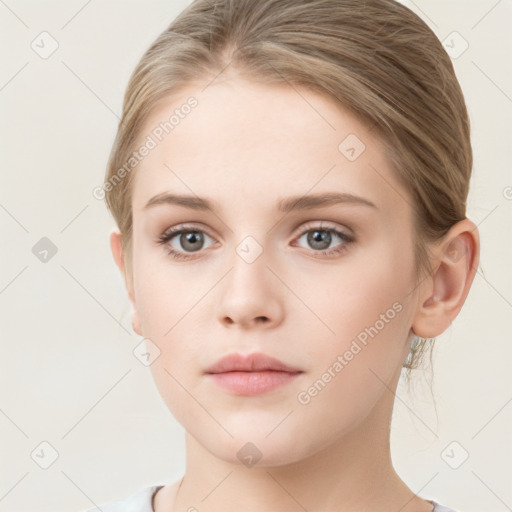 Neutral white young-adult female with medium  brown hair and grey eyes