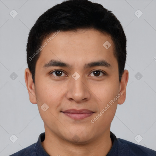 Joyful latino young-adult male with short  brown hair and brown eyes