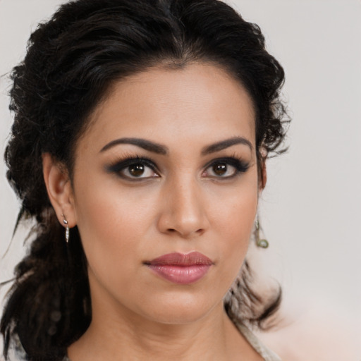 Neutral latino young-adult female with medium  brown hair and brown eyes