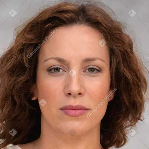 Joyful white young-adult female with long  brown hair and green eyes