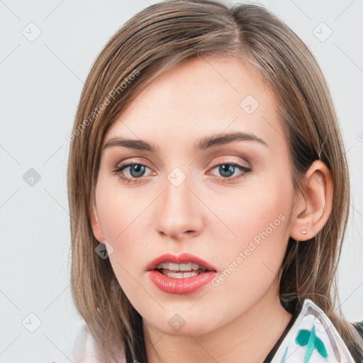 Neutral white young-adult female with long  brown hair and grey eyes