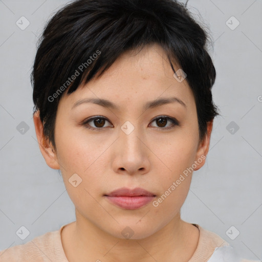 Neutral asian young-adult female with short  brown hair and brown eyes