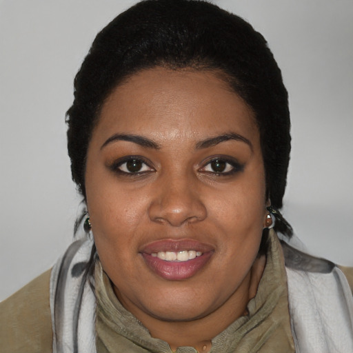 Joyful black young-adult female with short  black hair and brown eyes