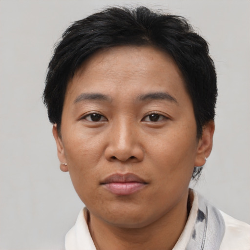 Neutral asian adult female with short  brown hair and brown eyes