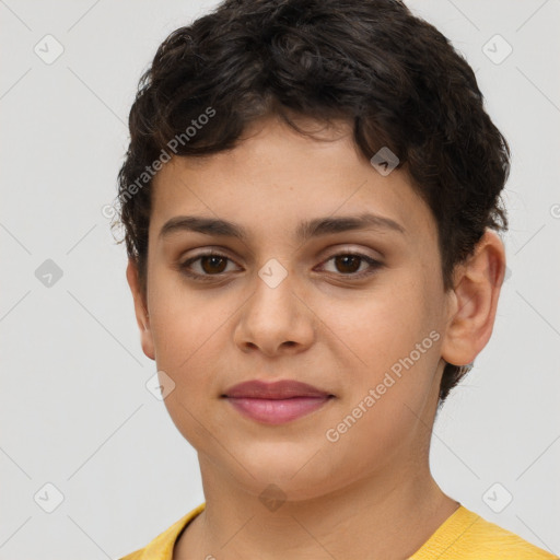 Joyful white young-adult female with short  brown hair and brown eyes