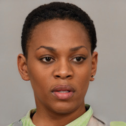 Neutral black young-adult female with short  brown hair and brown eyes