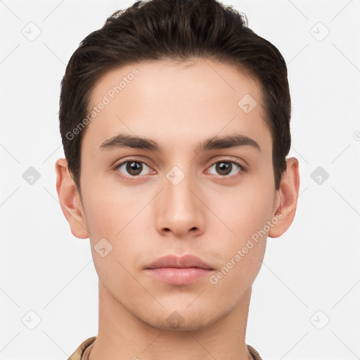 Neutral white young-adult male with short  brown hair and brown eyes