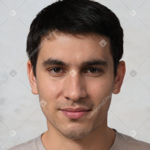 Joyful white young-adult male with short  black hair and brown eyes