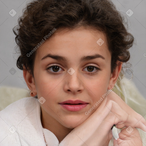 Joyful white child female with short  brown hair and brown eyes