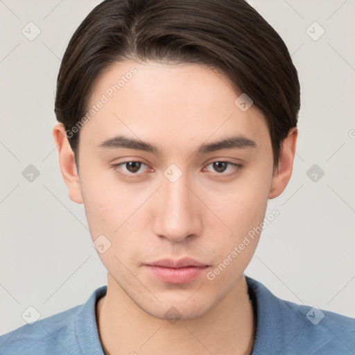 Neutral white young-adult male with short  brown hair and brown eyes