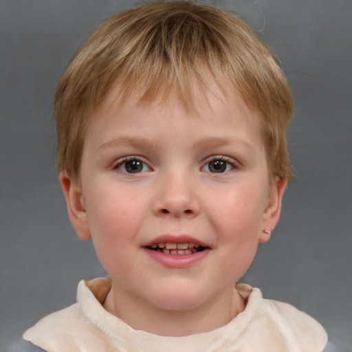 Joyful white child female with short  brown hair and blue eyes