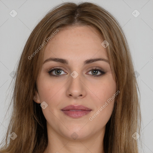 Neutral white young-adult female with long  brown hair and brown eyes