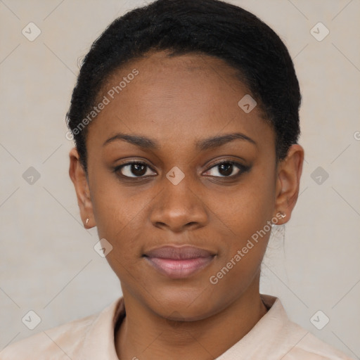 Neutral black young-adult female with short  brown hair and brown eyes