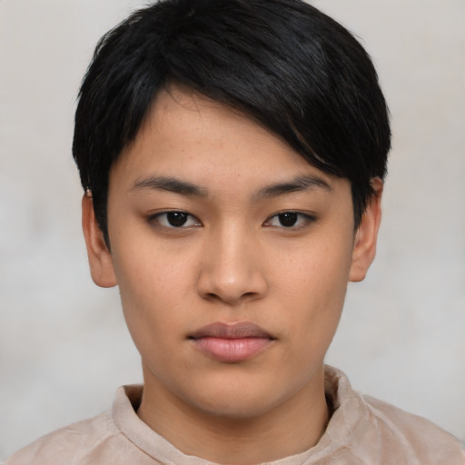 Neutral asian young-adult female with short  black hair and brown eyes
