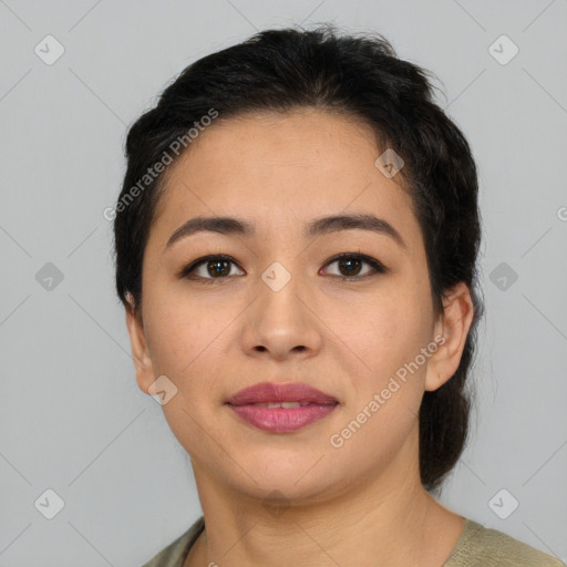 Joyful asian young-adult female with short  brown hair and brown eyes