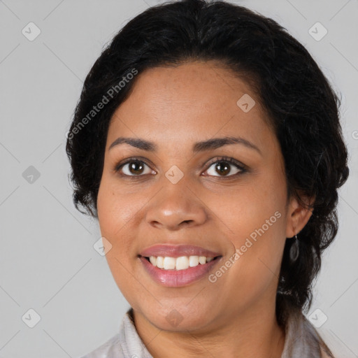 Joyful latino young-adult female with medium  brown hair and brown eyes