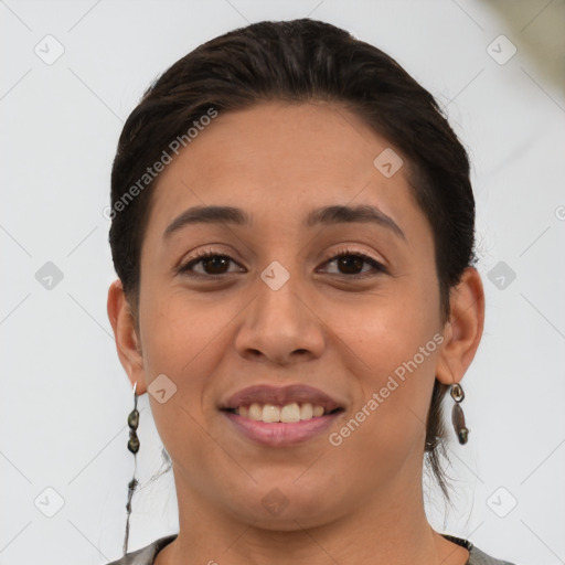 Joyful white young-adult female with short  brown hair and brown eyes