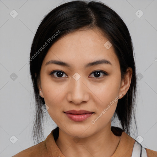 Joyful latino young-adult female with medium  black hair and brown eyes