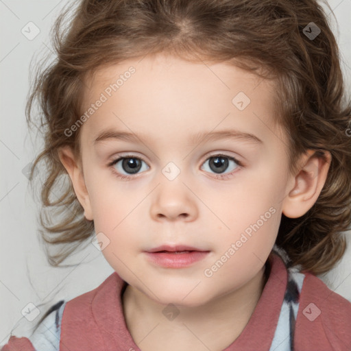 Neutral white child female with medium  brown hair and grey eyes