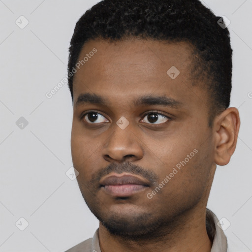 Neutral black young-adult male with short  black hair and brown eyes