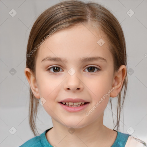 Joyful white child female with medium  brown hair and brown eyes