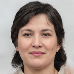 Joyful white adult female with medium  brown hair and brown eyes