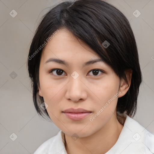 Neutral asian young-adult female with medium  brown hair and brown eyes