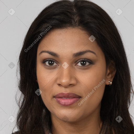 Joyful latino young-adult female with long  brown hair and brown eyes