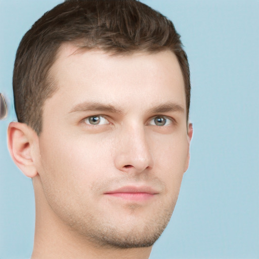 Neutral white young-adult male with short  brown hair and grey eyes