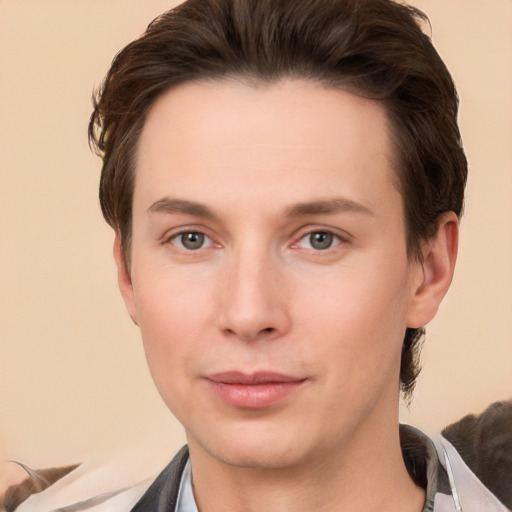 Neutral white young-adult male with short  brown hair and brown eyes