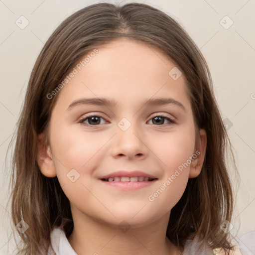 Joyful white child female with medium  brown hair and brown eyes