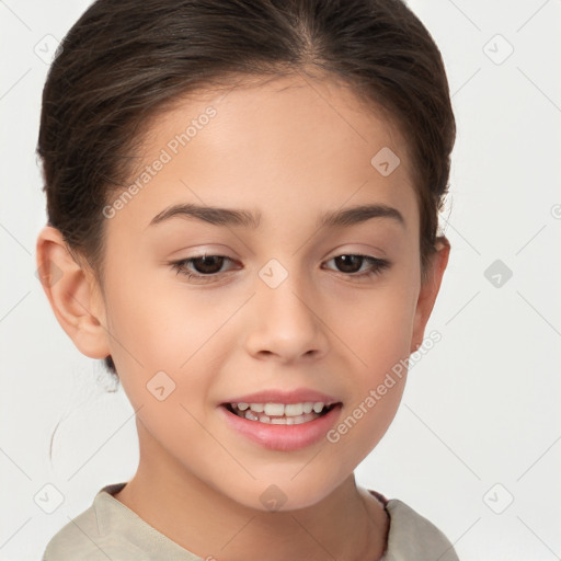 Joyful white child female with short  brown hair and brown eyes