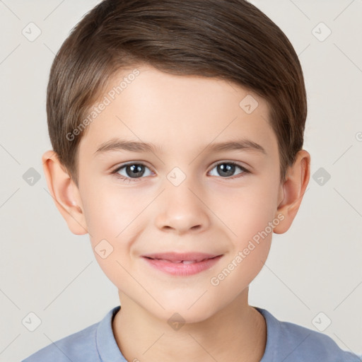 Joyful white child male with short  brown hair and brown eyes