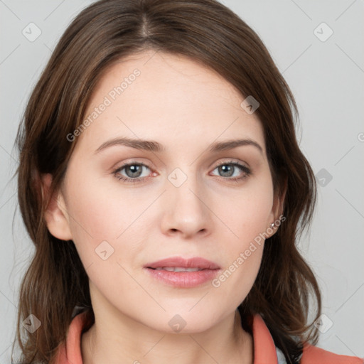 Neutral white young-adult female with medium  brown hair and grey eyes