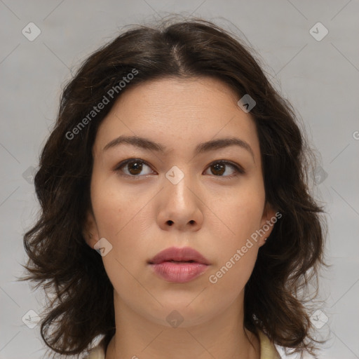 Neutral white young-adult female with medium  brown hair and brown eyes